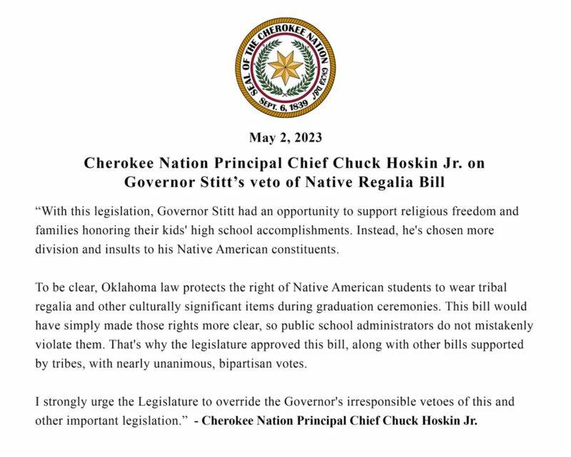 Oklahoma’s Cherokee governor vetoes Native regalia bill